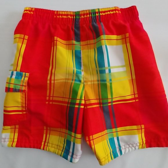 OP Boys Bright Red Yellow Tartan Plaid Swim Trunks - Picture 3 of 7
